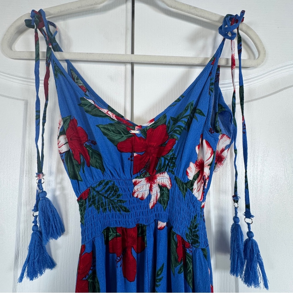 Guess Blue Tropical Floral High Low Ruffle Maxi Dress Extra Small - Picture 4 of 8